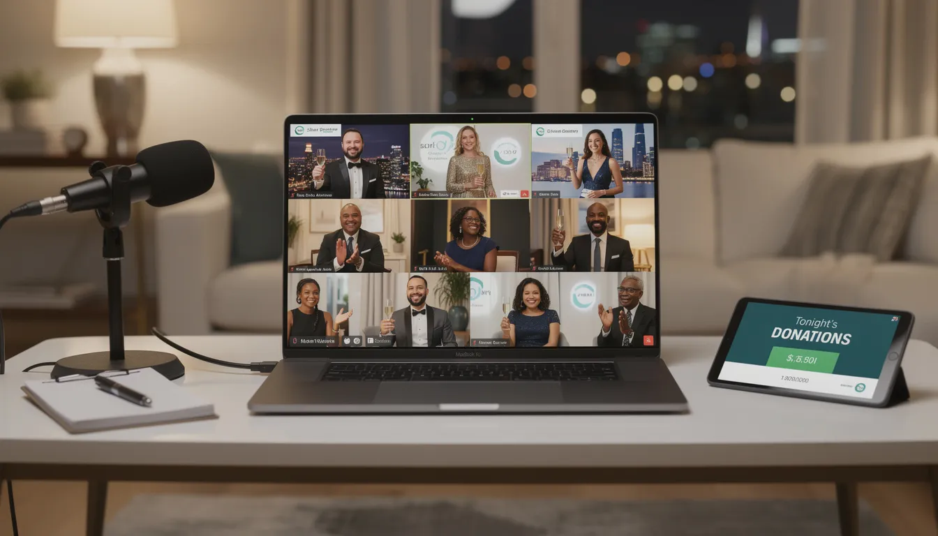 The image depicts an online fundraising gala where participants are engaging from various locations through video conferencing, showcasing a vibrant virtual environment that highlights the use of cloud technology applications for seamless connectivity and collaboration. The setting reflects the integration of cloud computing services, enhancing the experience of the event. The image depicts an online fundraising gala where participants are engaging from various locations through video conferencing, showcasing a vibrant virtual environment that highlights the use of cloud technology applications for seamless connectivity and collaboration. The setting reflects the integration of cloud computing services, enhancing the experience of the event.