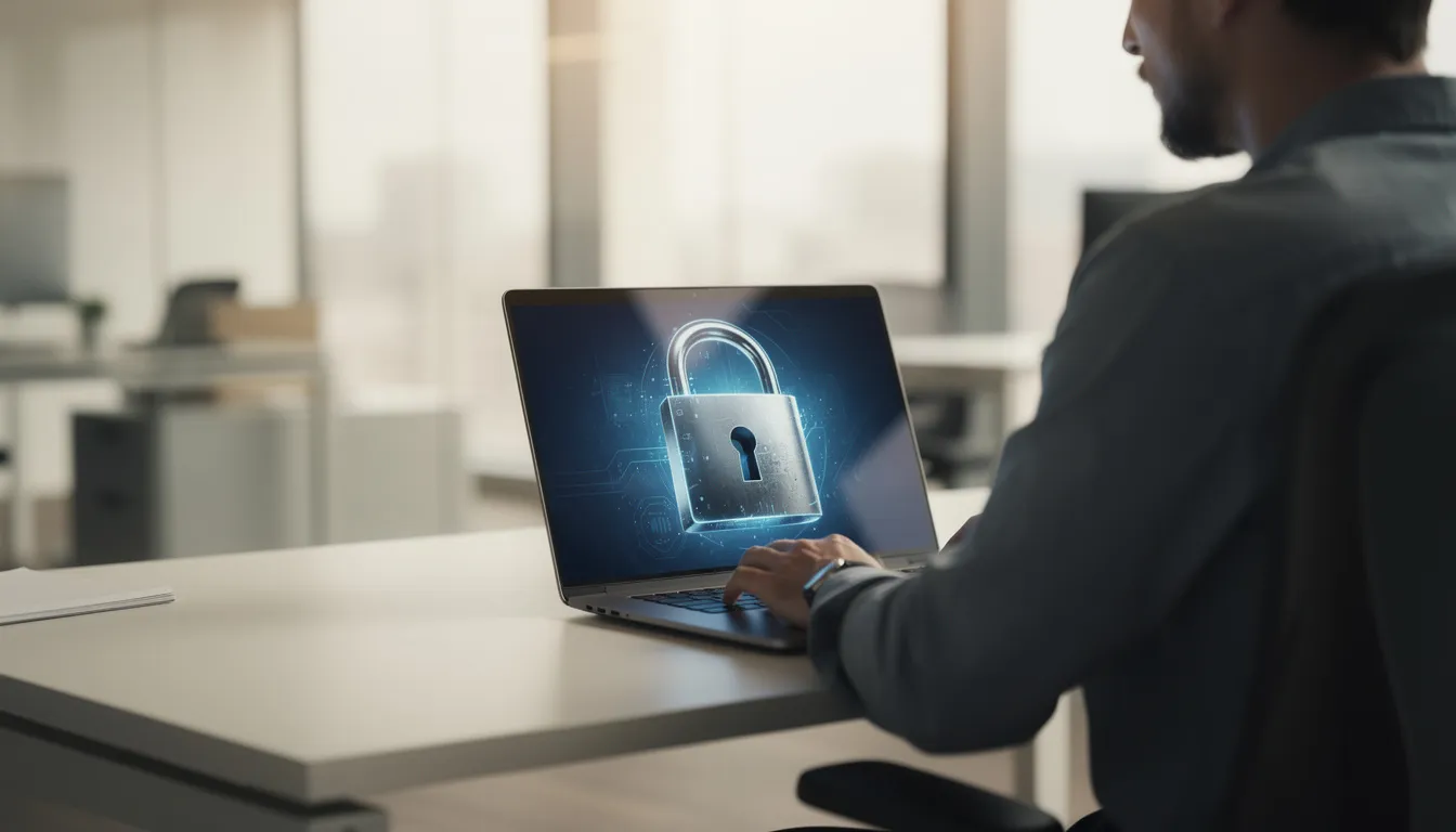 The image features a secure padlock icon prominently displayed on a laptop screen, symbolizing safety and security in nonprofit management. In the background, a person is engaged in office work, highlighting the importance of strategic planning and effective project management for mission-driven organizations.