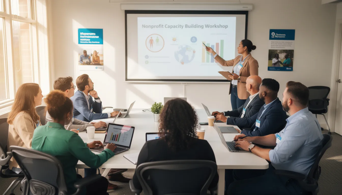 The image depicts a diverse group of nonprofit professionals engaged in a training session, attentively looking at a presentation screen that likely focuses on implementing AI solutions and best practices in the nonprofit sector. The atmosphere is collaborative, highlighting the importance of strategic initiatives and hands-on experience for improving efficiency and decision-making in their organizations.