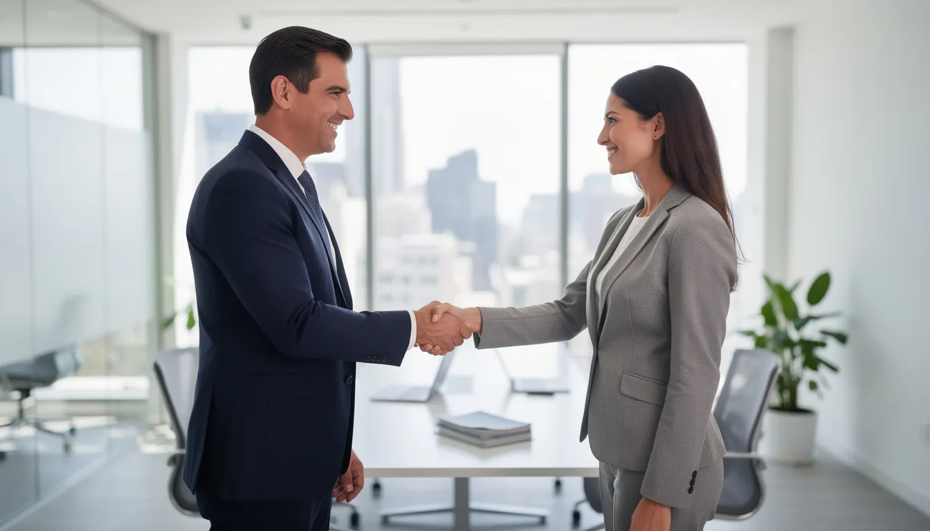 The image depicts two professionals shaking hands in a bright, modern office setting, symbolizing collaboration and partnership. This scene reflects the supportive environment often found in nonprofit organizations, particularly in New Jersey, where such interactions can lead to successful community initiatives and educational programs.