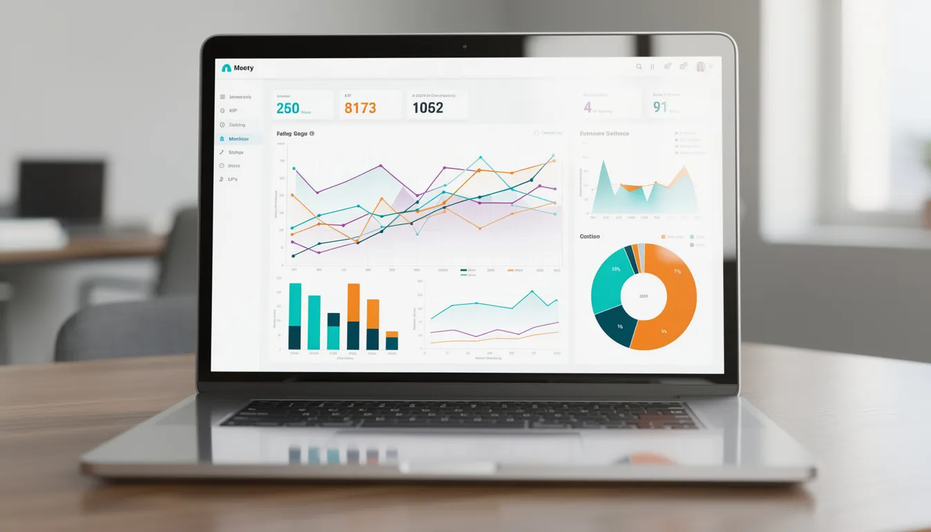 The image displays a laptop screen showcasing a vibrant dashboard filled with various charts and graphs, likely used for analyzing data relevant to nonprofit organizations in New Jersey. This colorful interface may assist users in accessing resources and managing information related to charitable organizations and their funding.