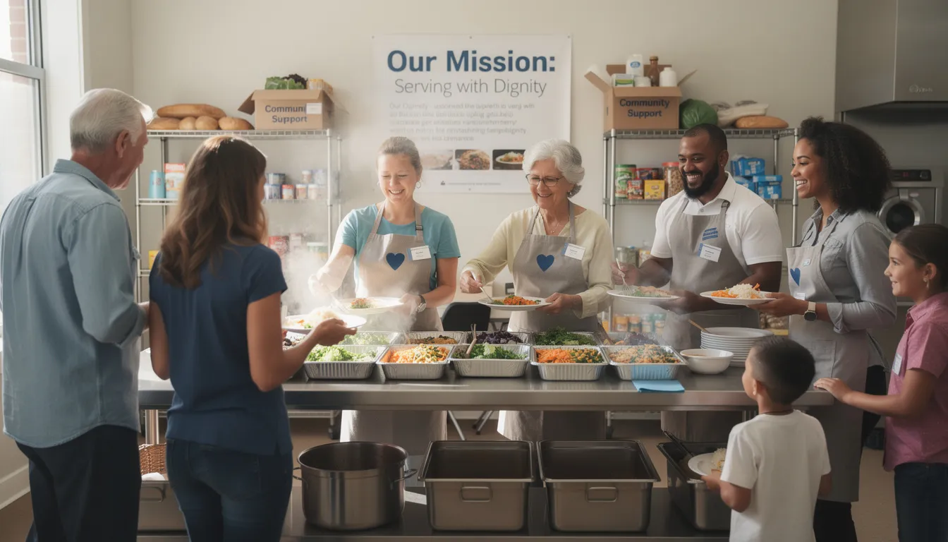 The image depicts nonprofit workers serving meals at a community kitchen, showcasing their commitment to mission-driven organizations and the impact they have on local communities. This scene highlights the importance of operational efficiency and ongoing support in the nonprofit sector, as these dedicated individuals work together to enhance their organization The image depicts nonprofit workers serving meals at a community kitchen, showcasing their commitment to mission-driven organizations and the impact they have on local communities. This scene highlights the importance of operational efficiency and ongoing support in the nonprofit sector, as these dedicated individuals work together to enhance their organization's mission.