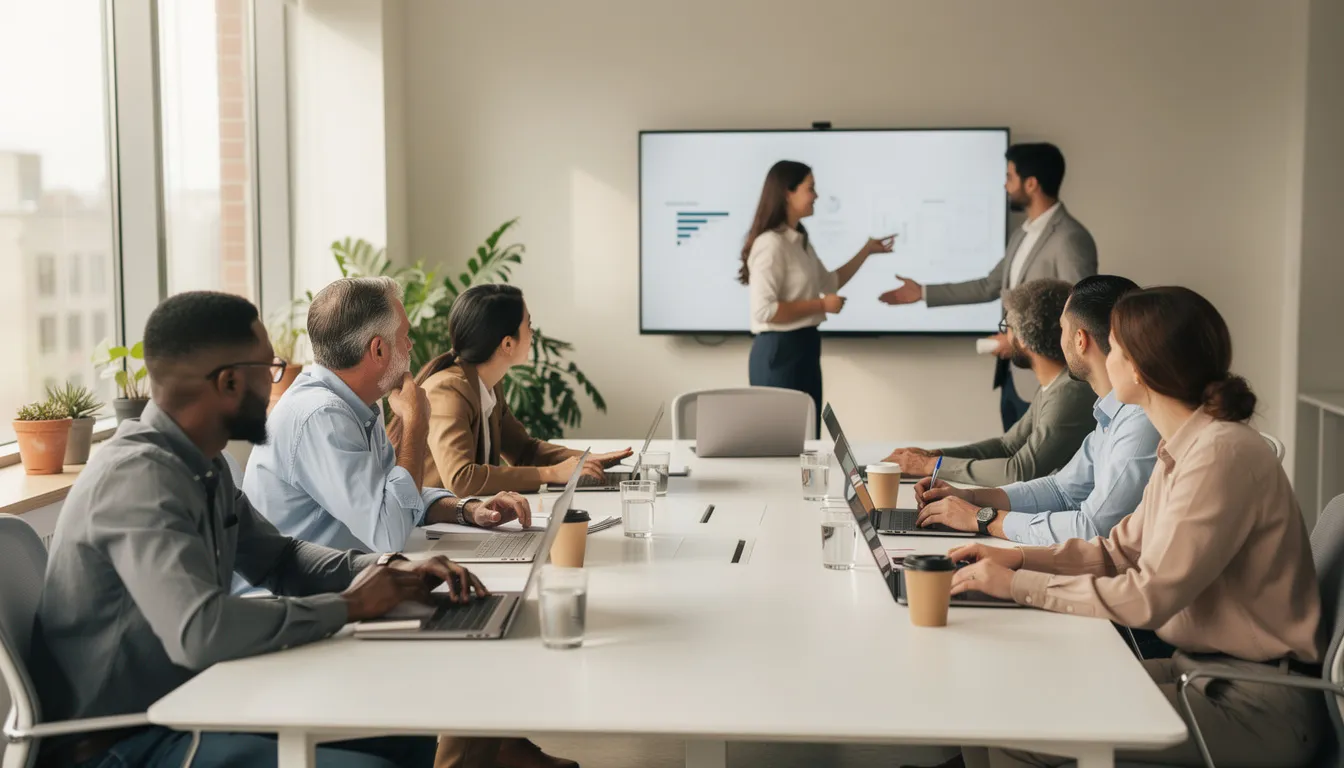 The image shows a diverse group of nonprofit professionals collaborating around a conference table, equipped with laptops and coffee cups, as they discuss strategies for their charitable organization. This scene highlights the teamwork and dedication of New Jersey nonprofits in their mission to serve the community and access resources for effective management and funding.