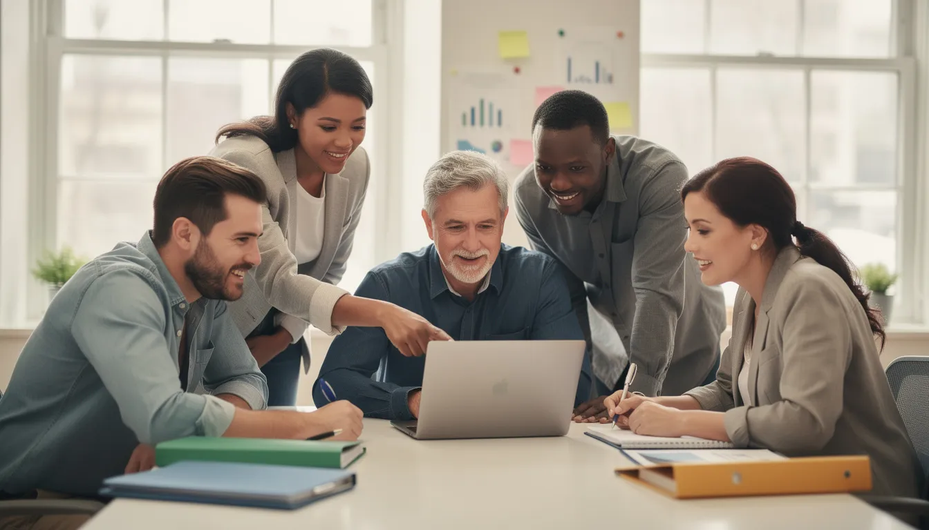 A group of nonprofit staff members is gathered around a laptop in a bright office, actively engaged in a collaborative discussion, reflecting the teamwork often seen in management consulting firms. Their focus on problem-solving and utilizing new AI tools showcases their commitment to improving efficiency and achieving strategic initiatives in the nonprofit sector.