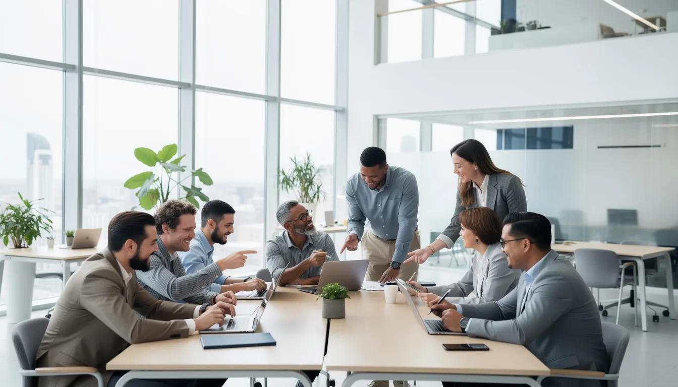 The image depicts a diverse team collaborating in a bright, modern office, equipped with laptops as they engage in strategic planning for nonprofit organizations. This vibrant workspace reflects a commitment to social change and long-term success in the nonprofit sector.