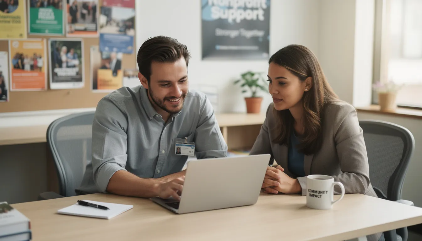 An IT professional is assisting a staff member from a nonprofit organization at a desk, where they are both focused on a laptop. The scene highlights collaboration and support within the context of New Jersey nonprofits, emphasizing the importance of technology and resources in charitable organizations.