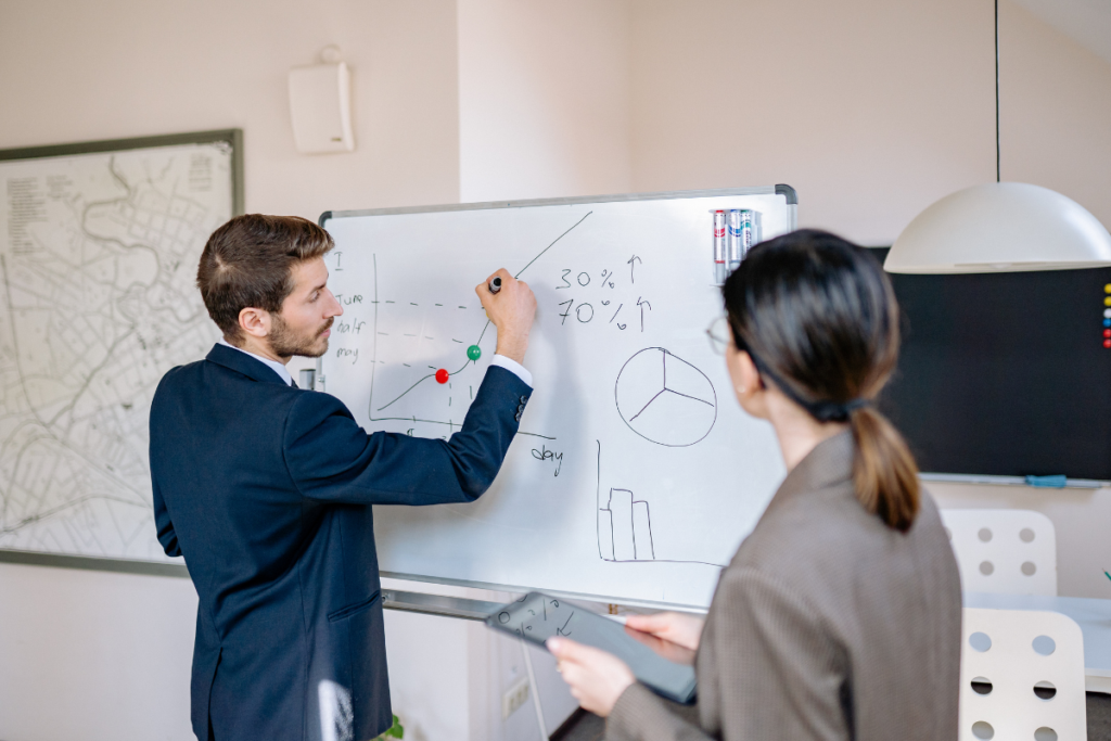 Professional consultants planning a unified business data architecture and automated foundation on a glass wall with diagrams.