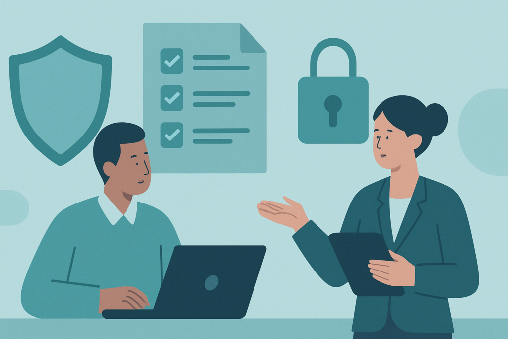 Nonprofit IT policy guide illustration showing security shield and policy checklist