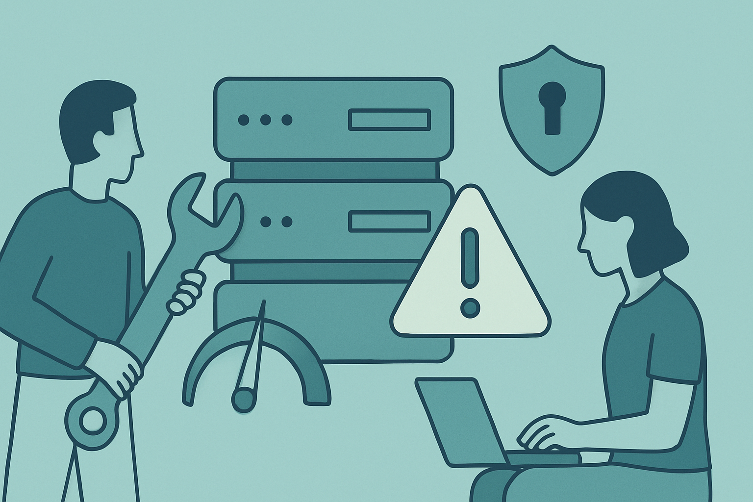 Nonprofit IT infrastructure troubleshooting illustration with server and wrench icons Nonprofit IT infrastructure troubleshooting illustration with server and wrench icons