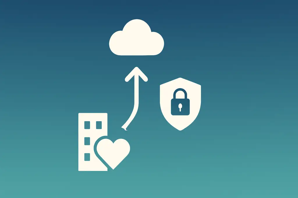 Illustration of cloud migration for nonprofits with a security shield and upward pathway Illustration of cloud migration for nonprofits with a security shield and upward pathway