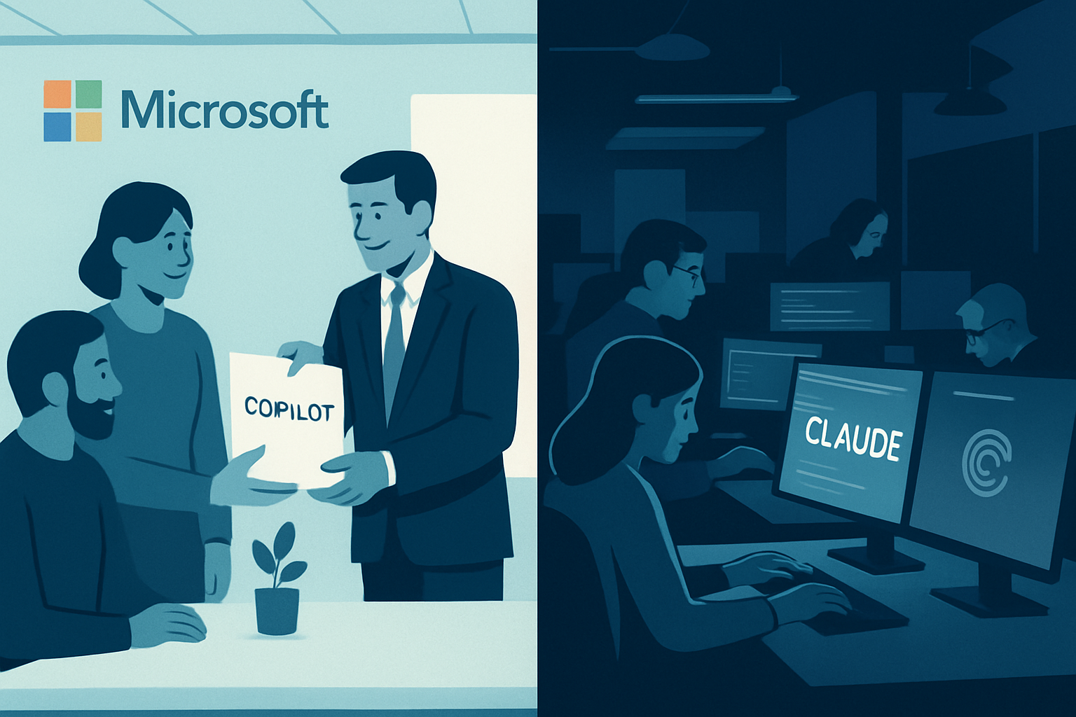 Split illustration showing nonprofit staff receiving a Copilot license on one side and Microsoft engineers using Claude Code on the other, representing the nonprofit AI governance contrast