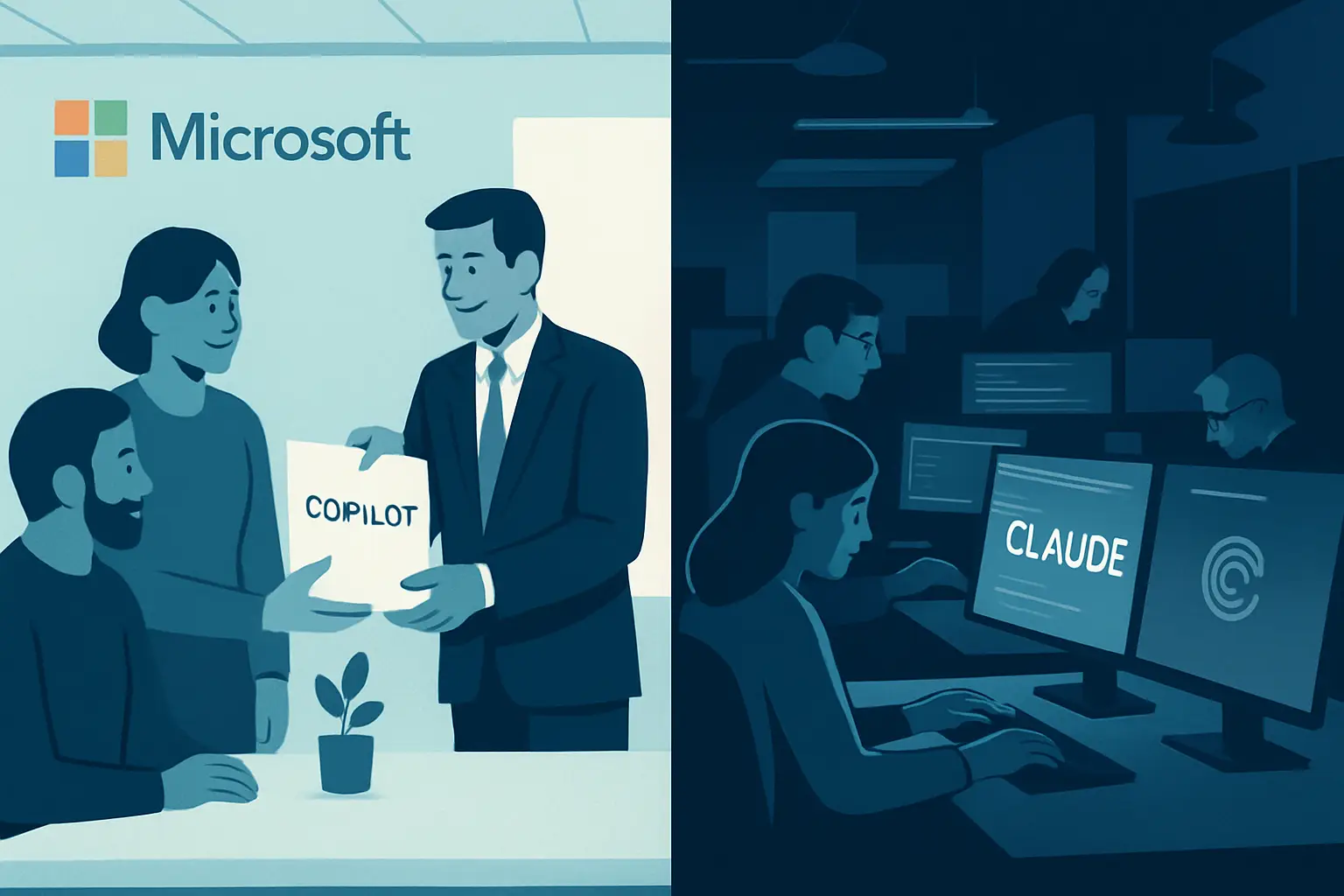 Split illustration showing nonprofit staff receiving a Copilot license on one side and Microsoft engineers using Claude Code on the other, representing the nonprofit AI governance contrast Split illustration showing nonprofit staff receiving a Copilot license on one side and Microsoft engineers using Claude Code on the other, representing the nonprofit AI governance contrast