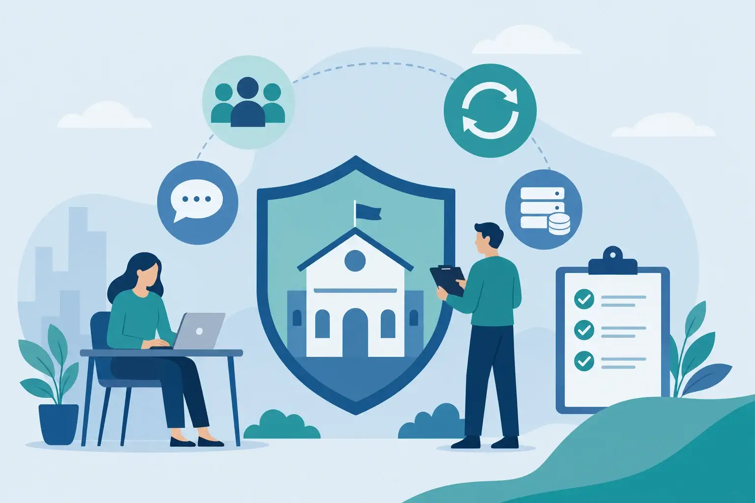 Flat illustration of business continuity planning for a nonprofit: protecting people, data, and operations during a disruption Flat illustration of business continuity planning for a nonprofit: protecting people, data, and operations during a disruption