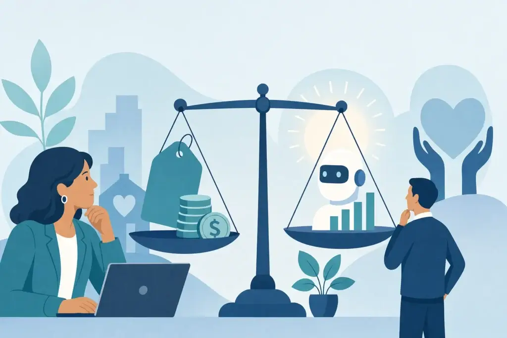 Flat illustration of a nonprofit leader weighing the cost and capability of the Claude Fable 5 AI model