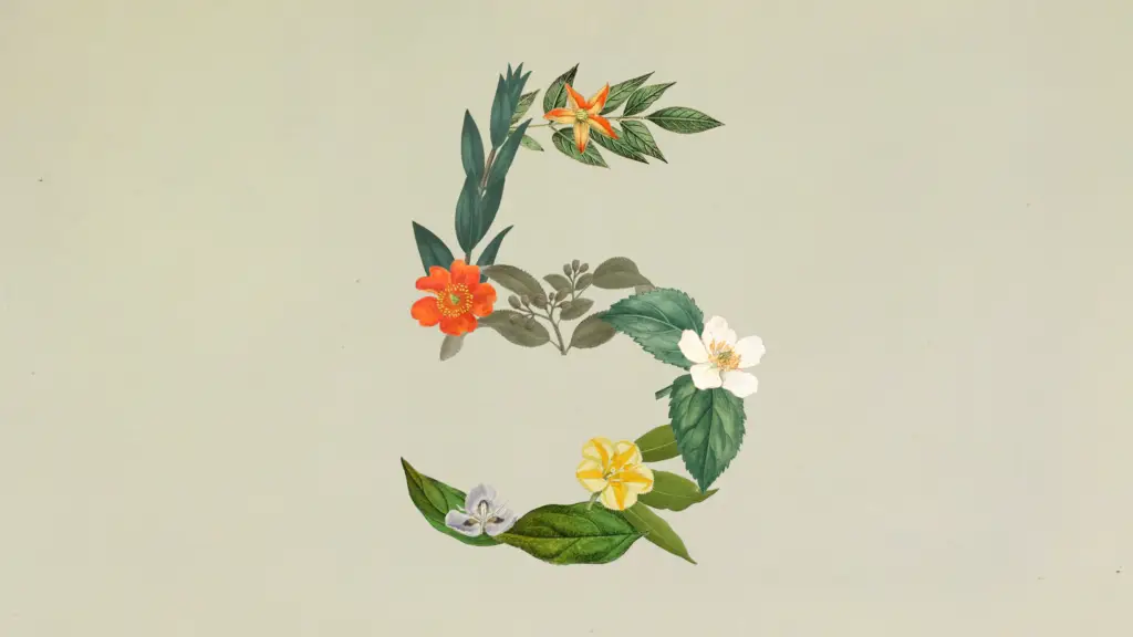 Claude Sonnet 5 launch art: a mix of flowers and leaves forming the number 5