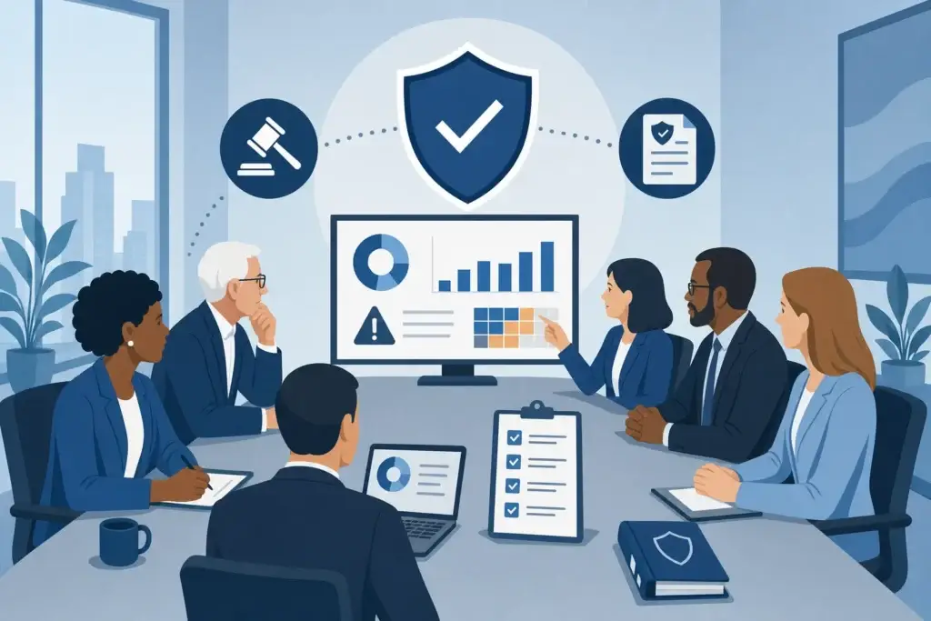 Nonprofit board reviewing cybersecurity governance dashboard with shield and risk checklist Nonprofit board reviewing cybersecurity governance dashboard with shield and risk checklist