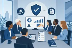 Nonprofit board reviewing cybersecurity governance dashboard with shield and risk checklist