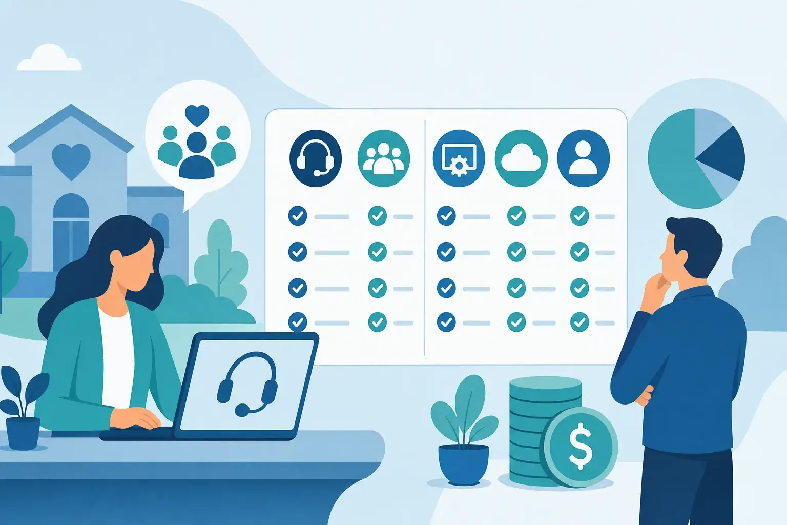 Flat illustration of nonprofit staff comparing five IT support models side by side