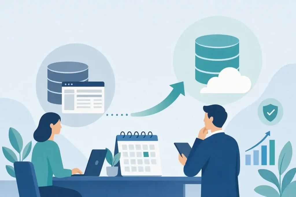 Nonprofit team planning a Raiser's Edge database view migration against a deadline calendar