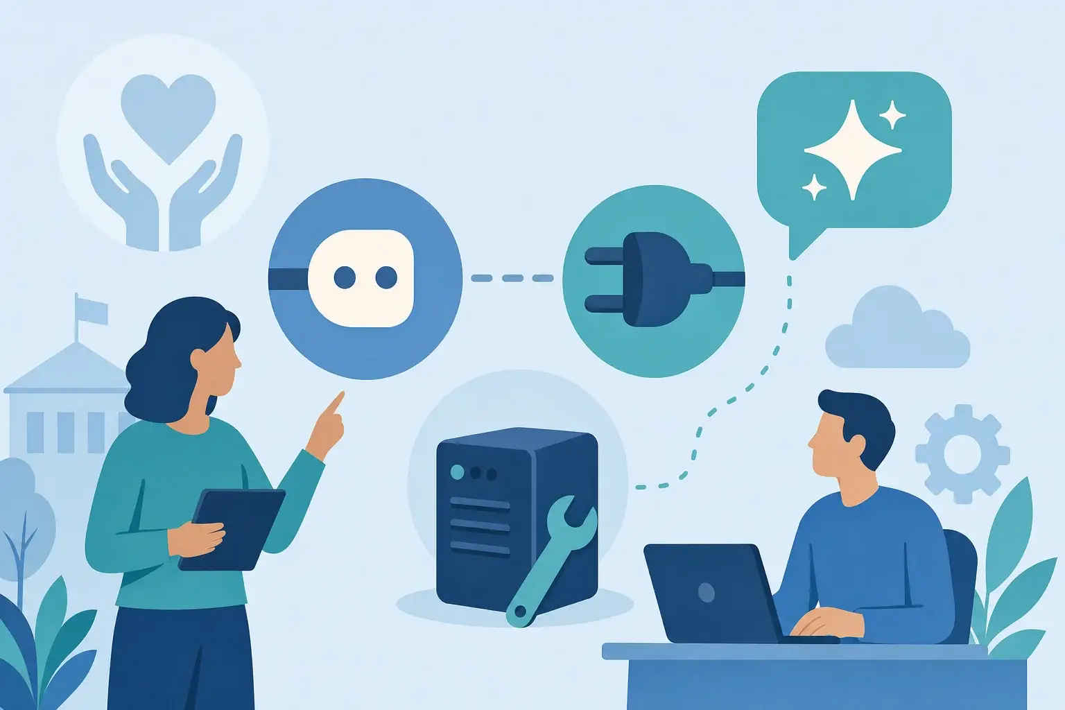 Illustration of a mismatched plug and socket next to a small server with a wrench, showing a custom MCP server built around a vendor API Illustration of a mismatched plug and socket next to a small server with a wrench, showing a custom MCP server built around a vendor API