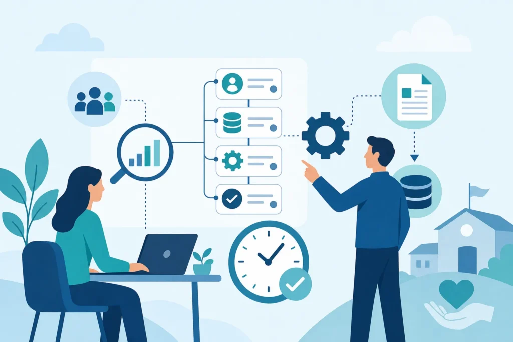 Flat illustration of nonprofit staff mapping a workflow, with a clock showing hours saved and documents flowing into a database
