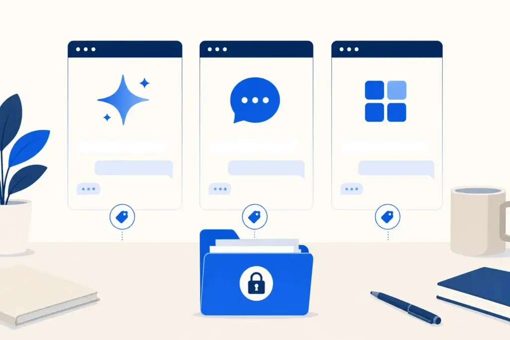 Three AI assistant windows side by side with price tags and a locked data folder, comparing Claude, ChatGPT and Copilot for a nonprofit