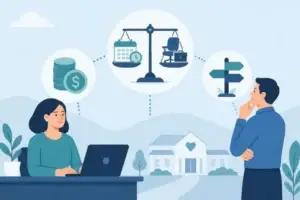 Flat illustration of a nonprofit leader weighing a fractional CIO against a full-time CIO on a balance scale