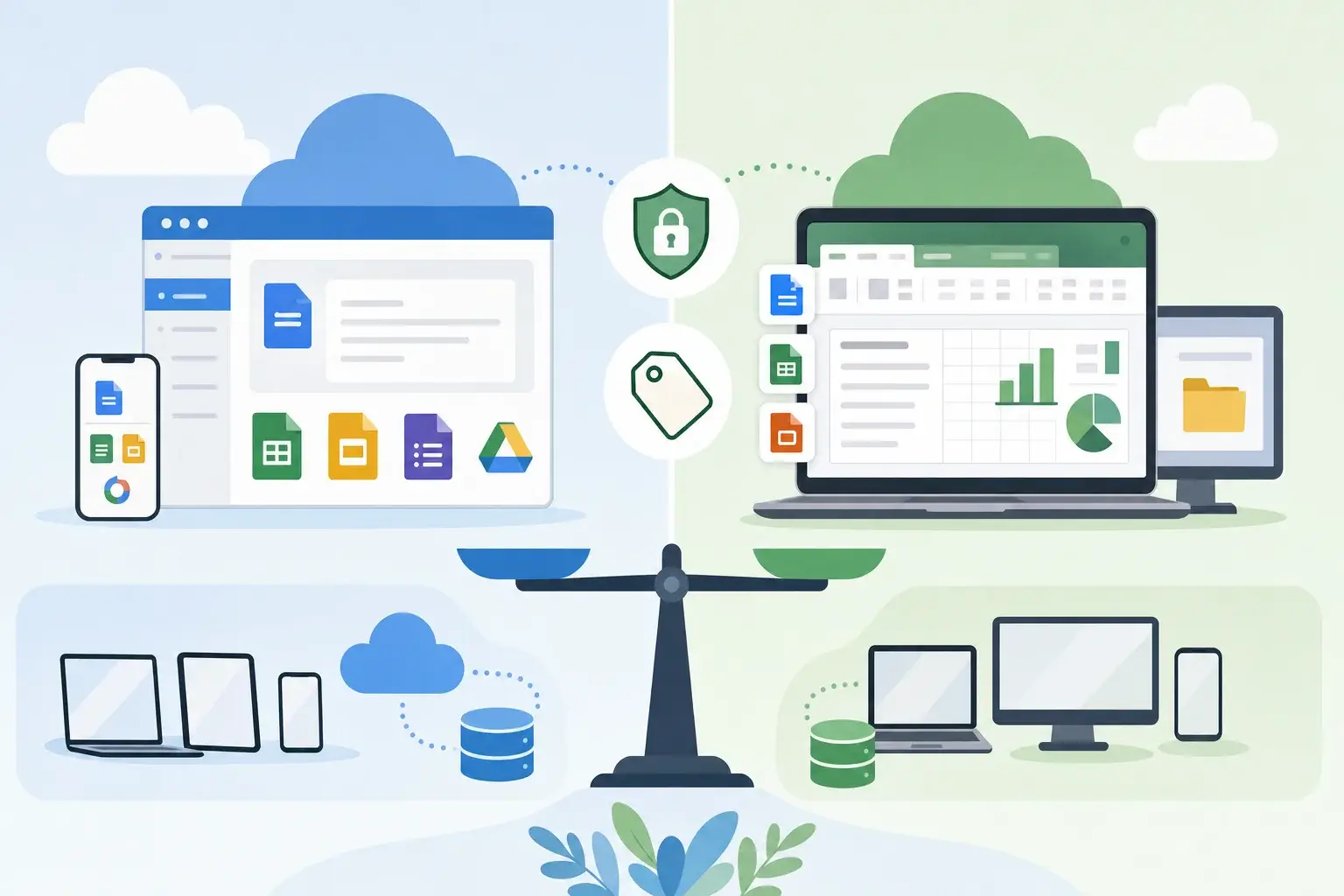 Google Workspace vs Microsoft 365 for nonprofits: browser and cloud apps on one side, desktop apps and devices on the other, balanced on a scale with a security shield and price tag Google Workspace vs Microsoft 365 for nonprofits: browser and cloud apps on one side, desktop apps and devices on the other, balanced on a scale with a security shield and price tag