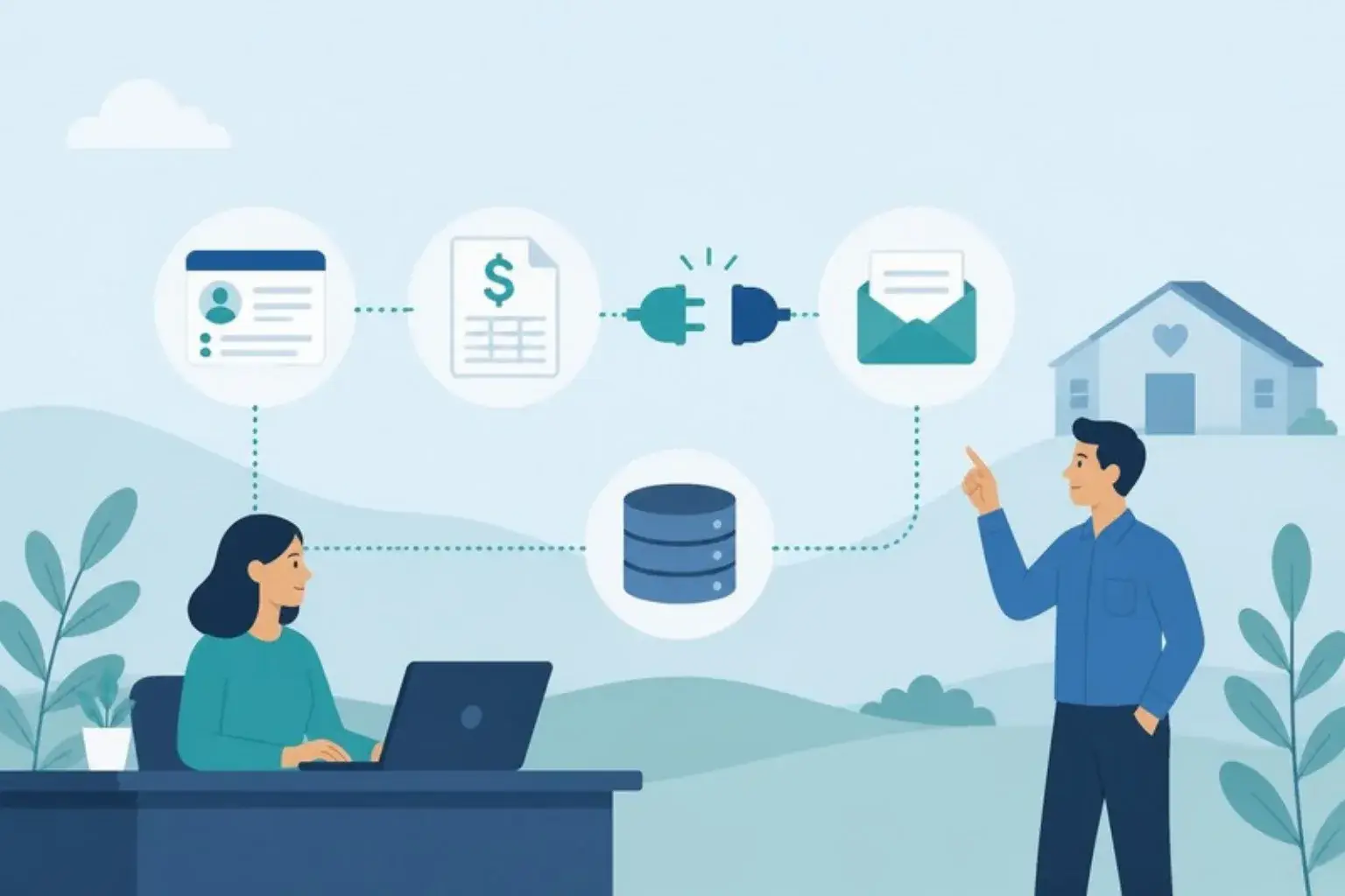 Flat illustration of nonprofit staff connecting CRM, accounting, email and database systems with dotted lines and a plug Flat illustration of nonprofit staff connecting CRM, accounting, email and database systems with dotted lines and a plug